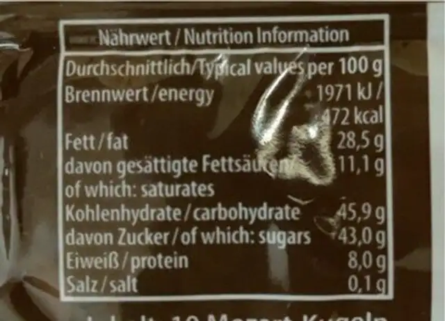 Mozart Kugeln Dark Chocolate nutrition facts table