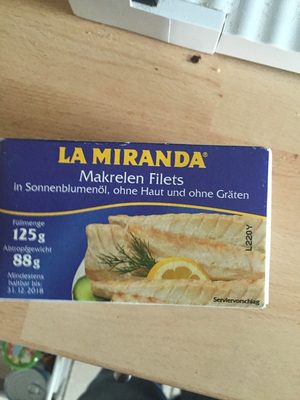 Makrelen Filets in Sonnenblumenöl, ohne Haut und ohne Gräten front packaging