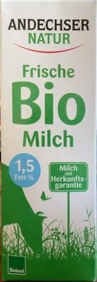 Frische Biomilch 1,5% Fett front packaging