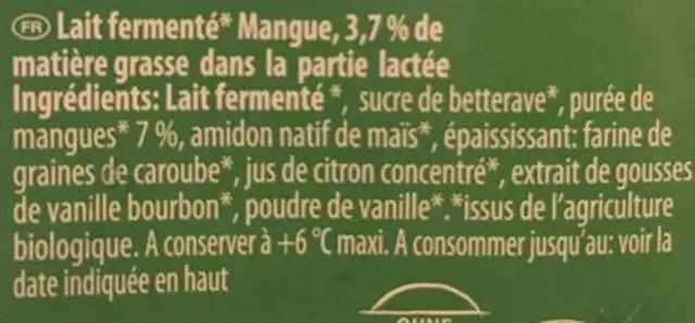 Bio-jogurt ingredients label