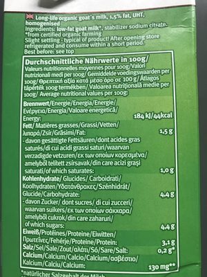 Haltbare Bio-Ziegenmilch ingredients label