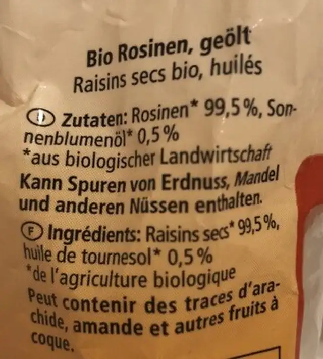 Rosinen ingredients label
