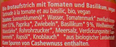 Alnatura Gemüseaufstrich Tomate Basilikum 4104420035768 Bio Brotaufstrich mit  Tomate und Basilikum, vegan ingredients label