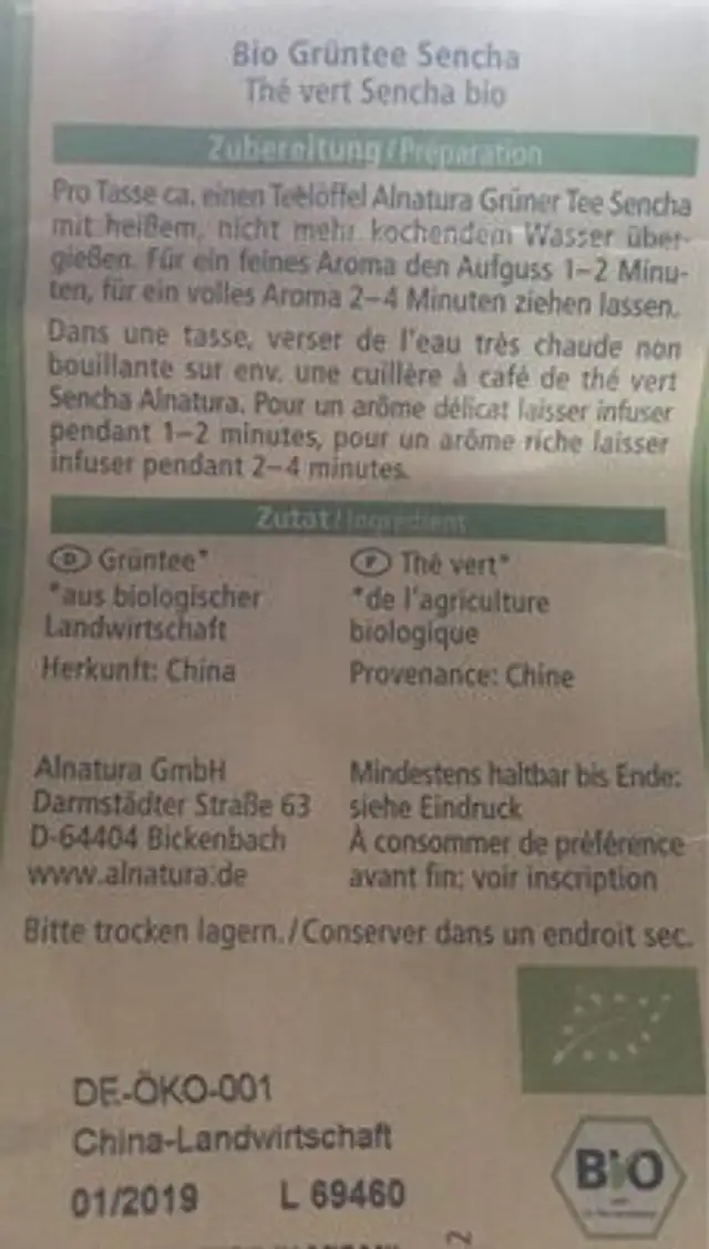 Grüner Tee Sencha lose ingredients label