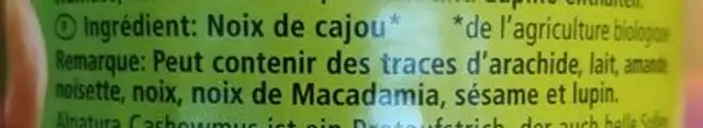 Nussmus Cashew ingredients label