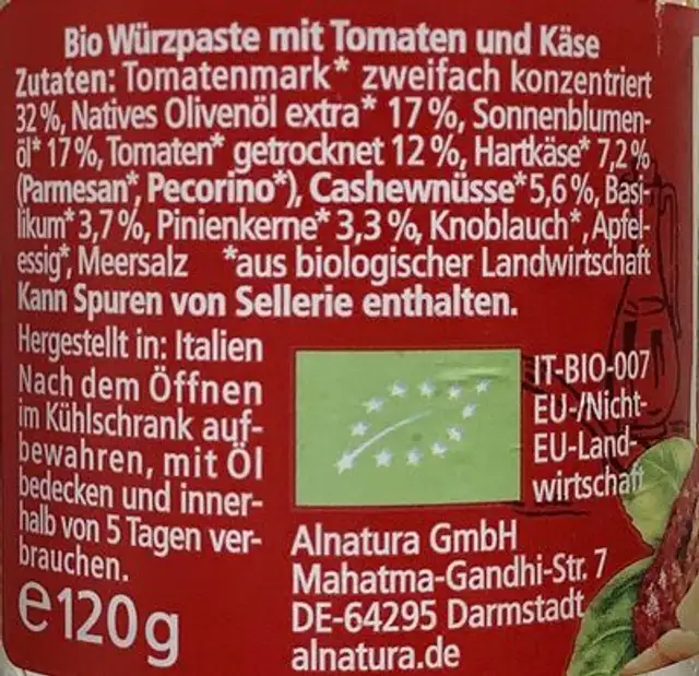 Pesto Rosso ingredients label