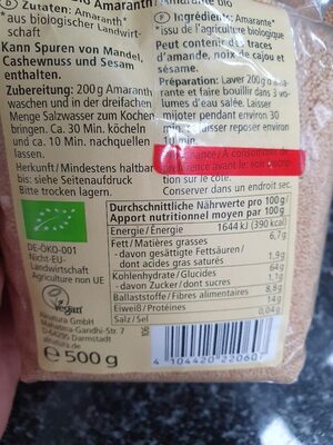 Amaranth ingredients label