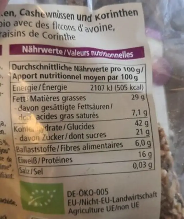 Knusper Gebäck nutrition facts table