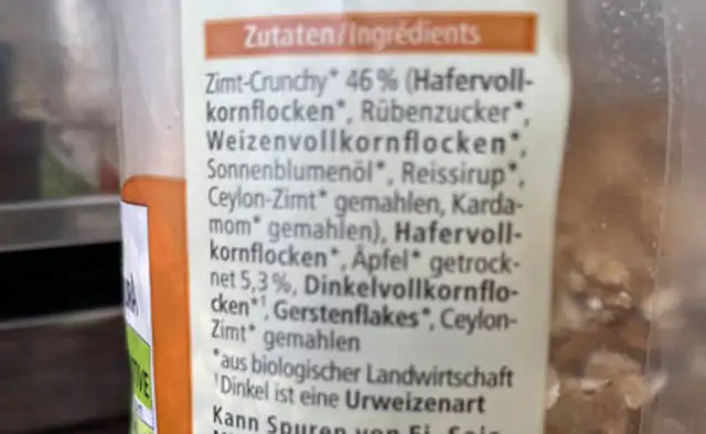 Zimt Knuspermüsli ingredients label