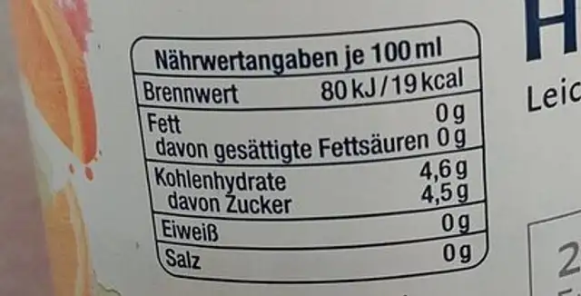 VILSA H2OBST nutrition facts table