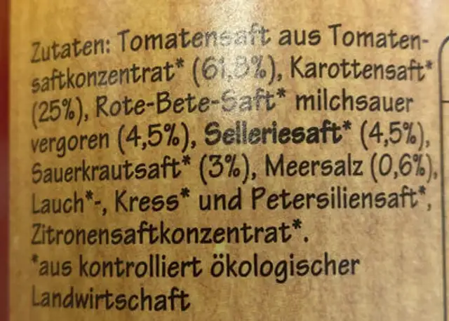 Bio Tomaten-Gemüsesaft ingredients label