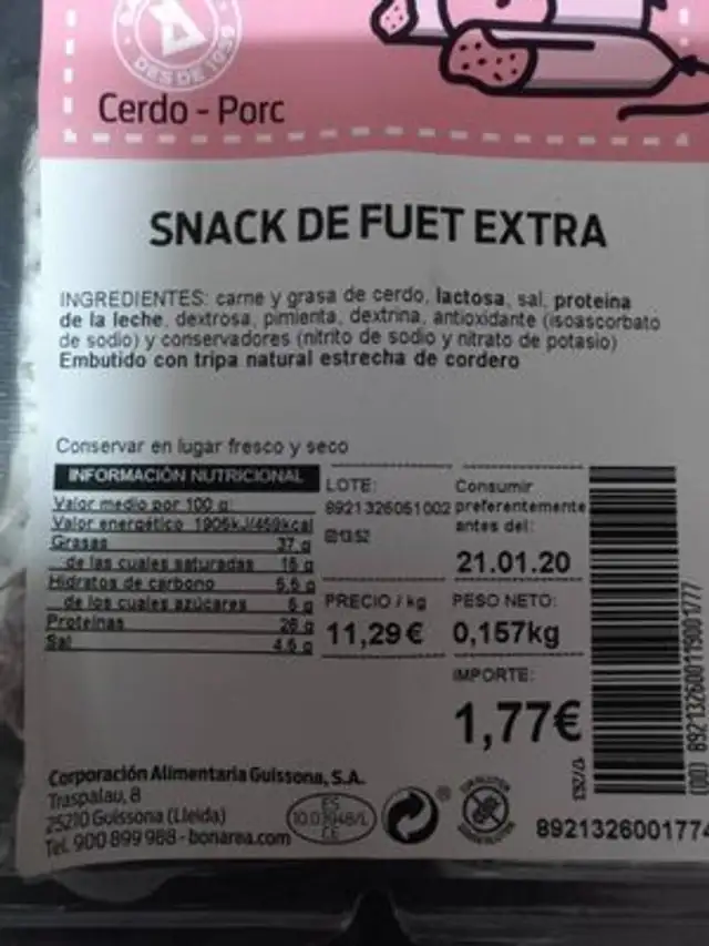 Snack nutrition facts table
