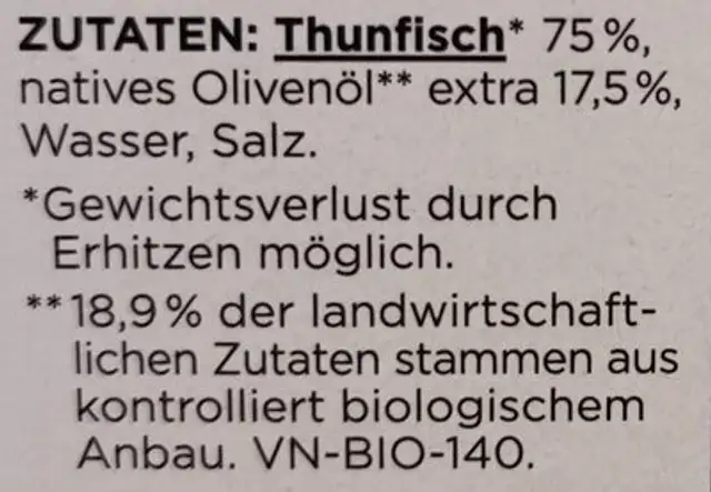 Thunfisch Filets in Olivenöl ingredients label