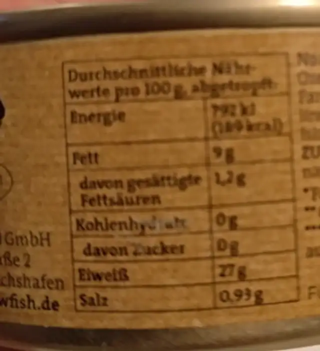 Thunfisch Filets in Olivenöl nutrition facts table