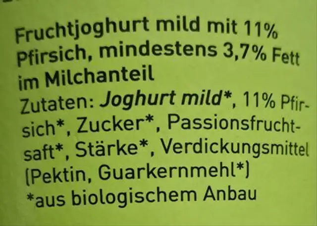 Fruchtjoghurt mild Pfirsich Maracuja ingredients label