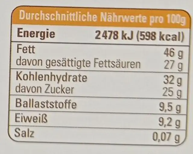 Elfenbeinküste Noir nutrition facts table