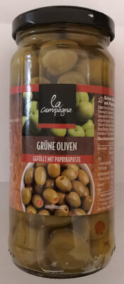 Grüne Oliven, gefüllt mit Paprikapaste front packaging