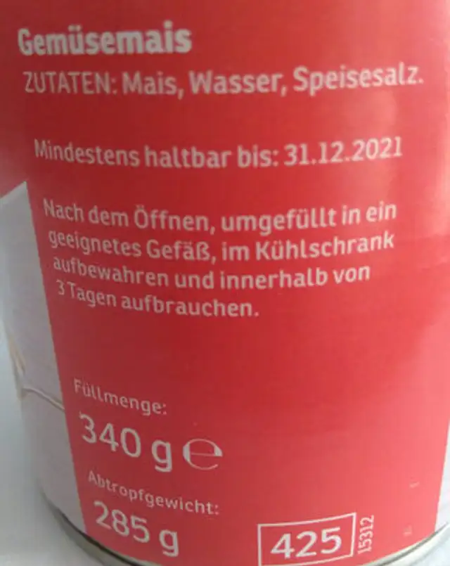 Sonnenmais ingredients label