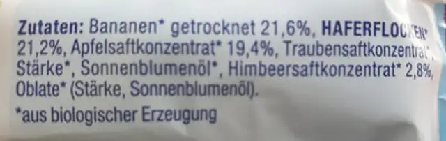 Früchteriegel Himbeere-Apfel ingredients label