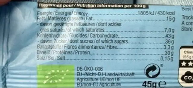 Protein Choc Bar Cookie Dough Atyle nutrition facts table