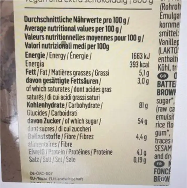 Mix per brownie bio nutrition facts table