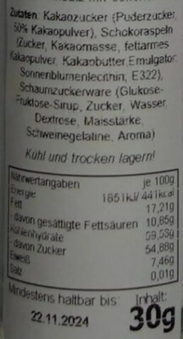 Heiße Weihnachts-Schoki nutrition facts table