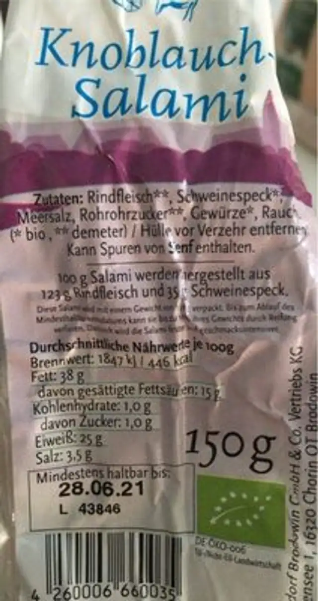 Knoblauch Salami nutrition facts table