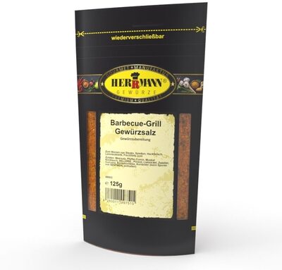 HERRMANN GEWÜRZE PREMIUM QUALITÄT Barbecue-Grill Gewürzsalz Gewürzzubereitung Zum Würzen von Steaks, Spießen, Hackfleisch, Lammkoteletts, Fischfilets uvm.  Zutaten: Meersalz, Pfeffer,Cumin, Muskat Knoblauch, SELLERIE , Piment, Liebstckel, Zwiebel, Curcuma, Bockshornklee, Koriander (kann Spuren von SENFMEHL enthalten) Ohne Zusatz von Mono-Natrium-Glutamat, glutenfrei, laktosefrei, vegan Artikel-Nr.: 5650 125g   3,99 € Grundpreis 3,19 € / 100 Gramm