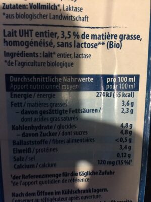 Lait entier sans lactose