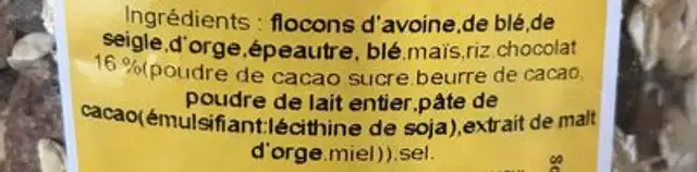 Muesli au chocolat ingredients label