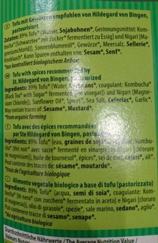 Tofu Hildegard ingredients label