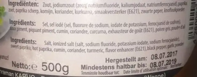 Osmanli Chicken Spices ingredients label