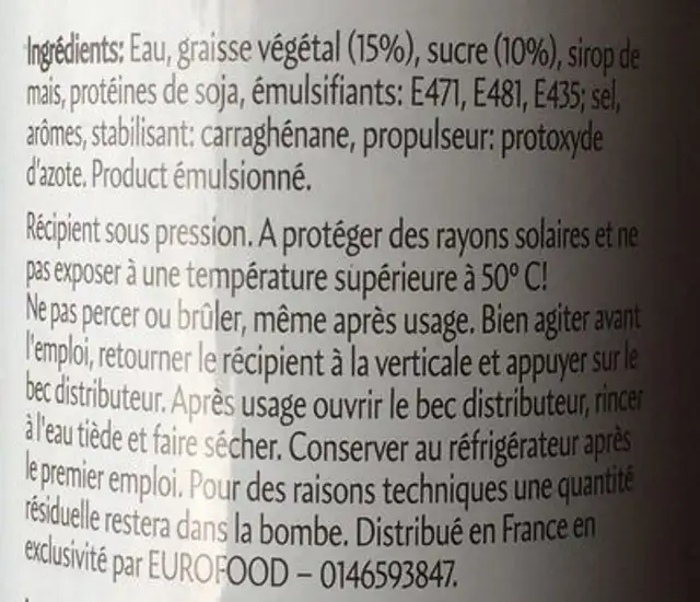 Crème végétal fouettée Parvé ingredients label