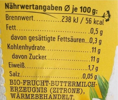 Buttermilch Drink Zitrone Bio nutrition facts table