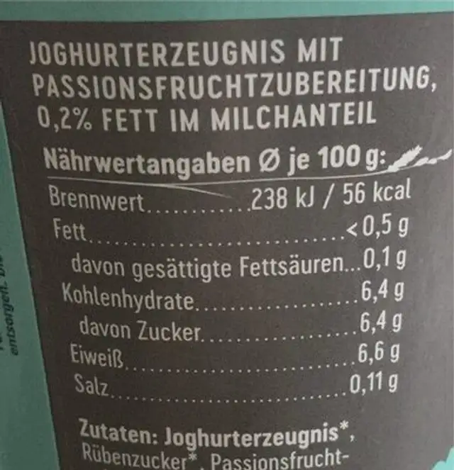 Protein Joghurt Passionfruit nutrition facts table