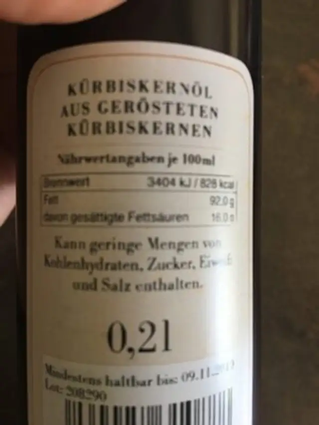 Gourmet Berner Gourmet Berner Kürbiskernöl 0, 2l ingredients label