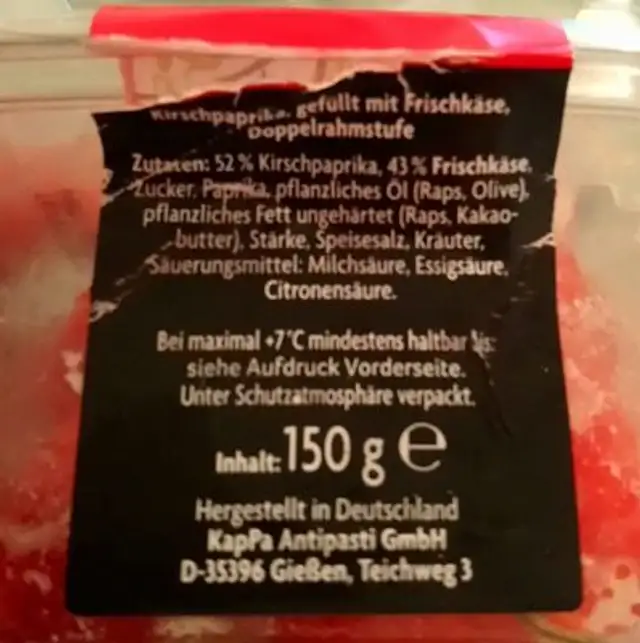 Kirschpaprika mit Frischkäsefüllung ingredients label