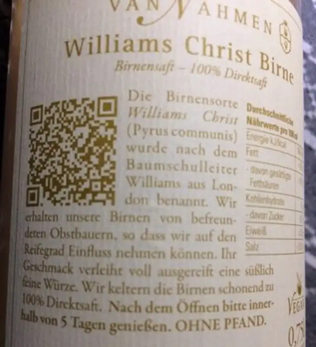 Williams Christ Birne ingredients label