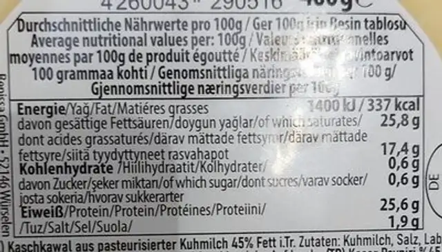 Kasar peyniri nutrition facts table