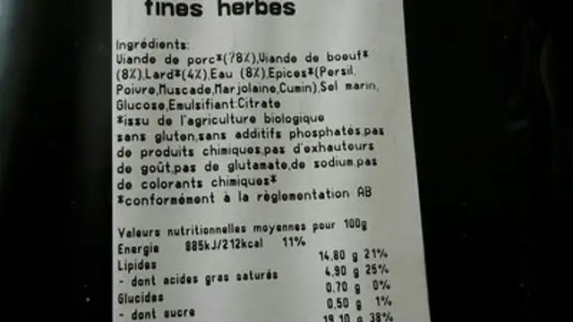 Saucisses à griller fines herbes ingredients label