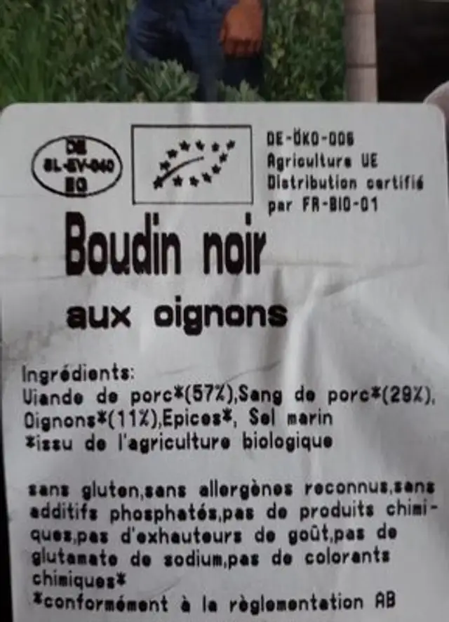 Boudin noir aux oignons ingredients label