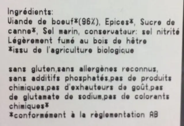 Boeuf seché ingredients label
