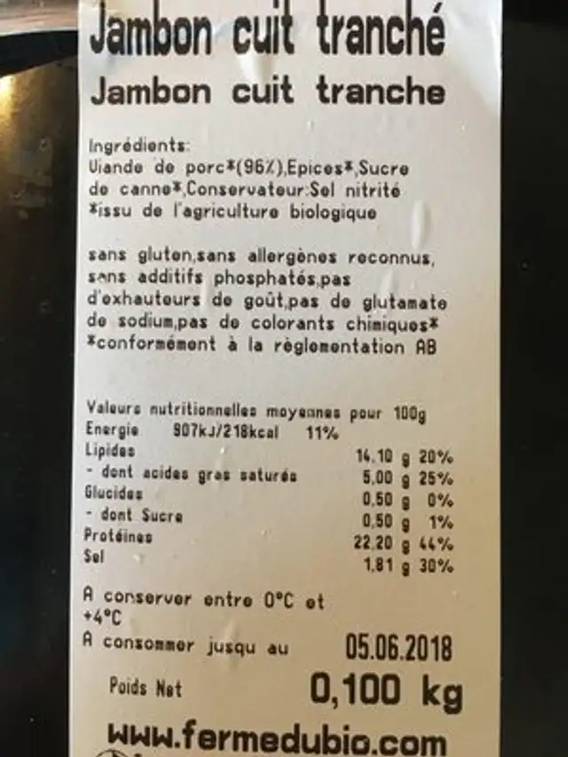 Jambon cuit tranché ingredients label