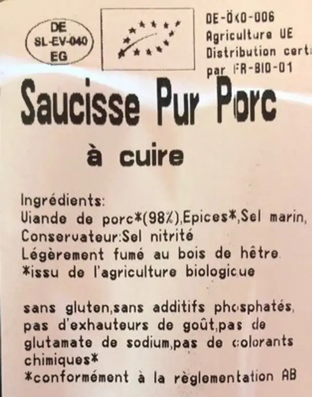 Saucisse Pur Porc à cuire ingredients label