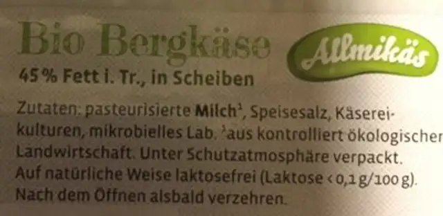Allgäu Milch Käse Allmikäs Bio Bergkäse ingredients label