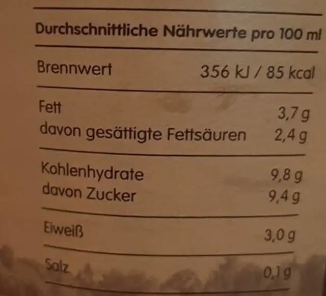Vanille-Milch nutrition facts table