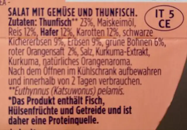 Thunfisch Salat Sizilien Edition ingredients label