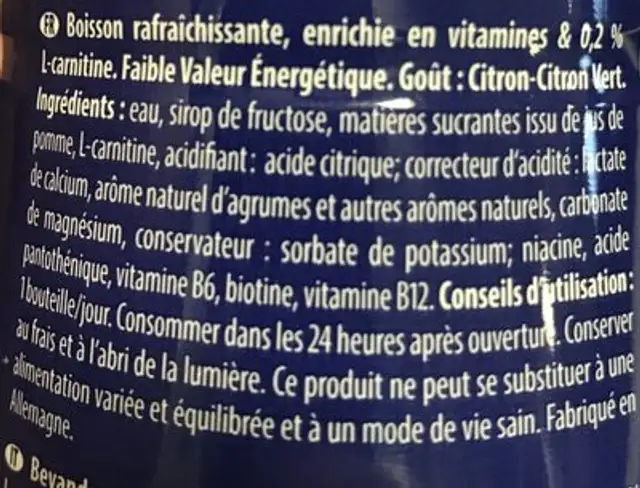 L-Carnitine Drink Light ingredients label