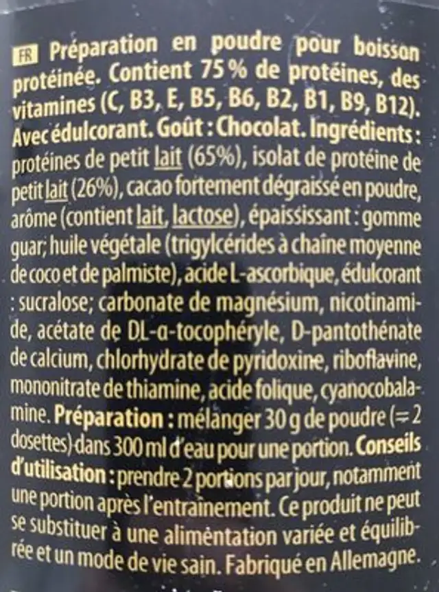 100% Whey Protein ingredients label