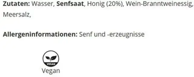 Scharfer Honig Senf, süßlich ingredients label